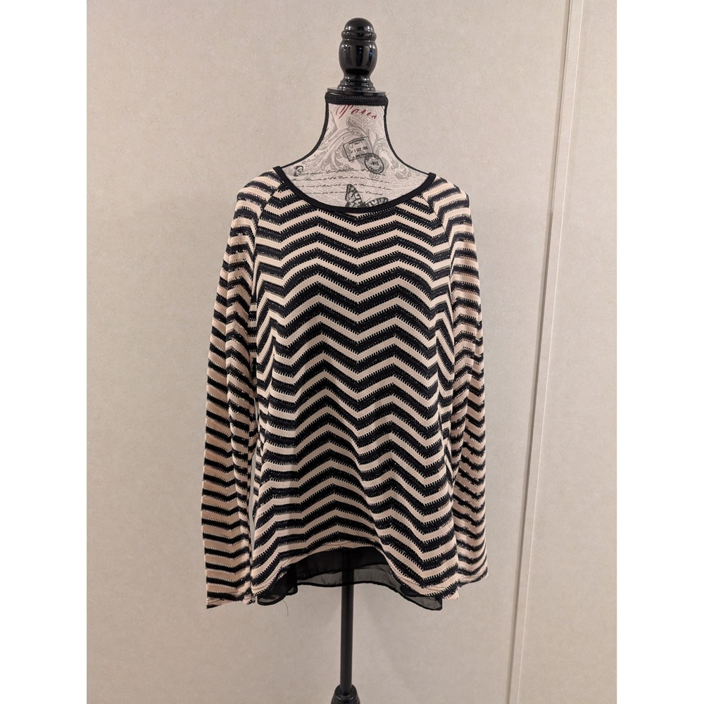 ING Black Nude Chevron Knit Top Chiffon Split Back High Low Blouse Women's Large
